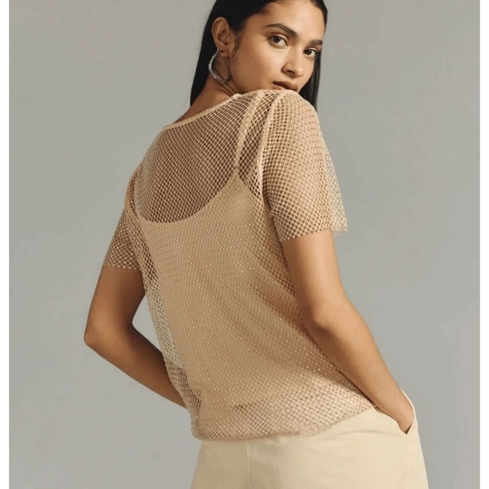 Sunday in Brooklyn Anthropologie Rhinestone Mesh Top Sheer Nude S
